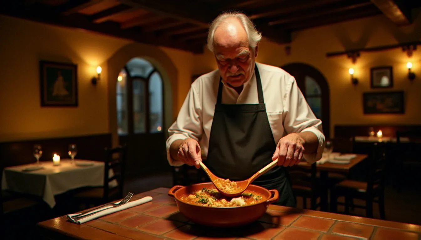 Chef portugais âgé servant une caldeirada traditionnelle dans un restaurant authentique de Praia da Rocha, ambiance rustique et chaleureuse à la lueur des bougies