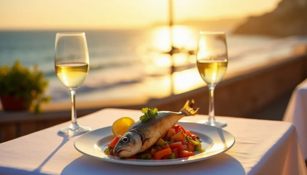 restaurant avis praia featured Terrasse de restaurant avec vue sur la plage de Praia au coucher du soleil, table dressée avec un bar grillé et des verres de vin blanc local, ambiance dorée en bord de mer