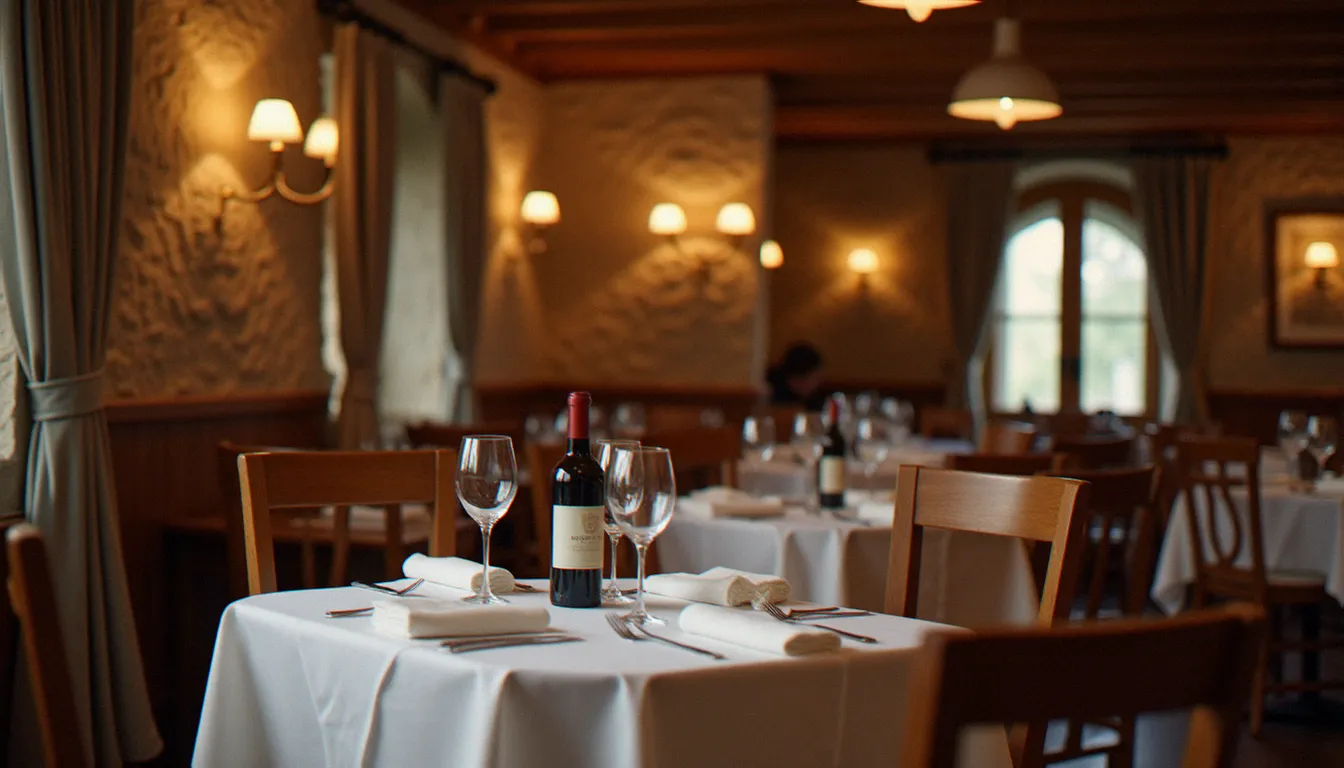 Salle intérieure d'un restaurant savoyard à Aix-les-Bains, tables dressées avec nappes blanches et verres à vin dans une ambiance chaleureuse en bois et pierre