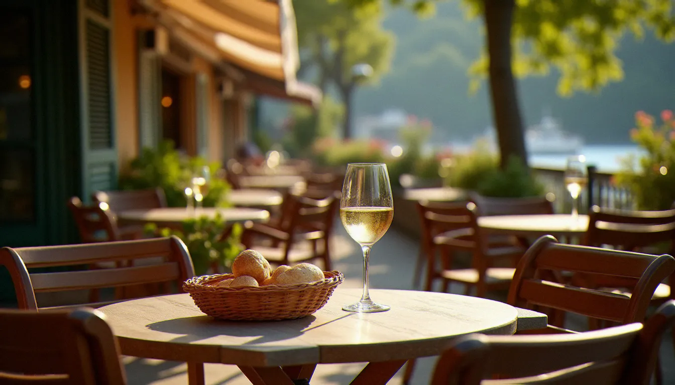 Terrasse estivale d'un restaurant en centre-ville d'Aix-les-Bains, tables rondes en plein air avec un verre de vin blanc de Savoie par une belle journée ensoleillée