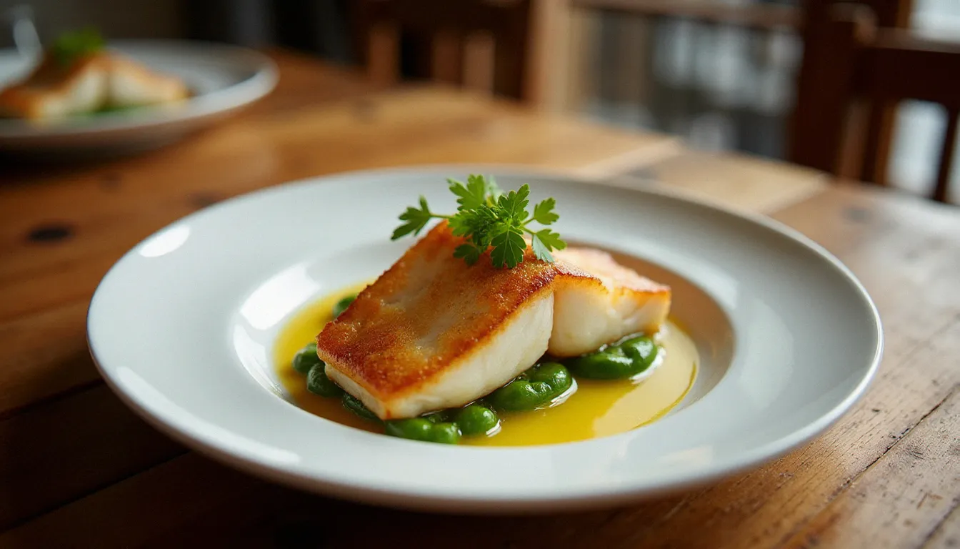 Assiette de féra du lac du Bourget servie au restaurant Bioz à Aix-les-Bains, poisson doré aux herbes fraîches sur table en bois
