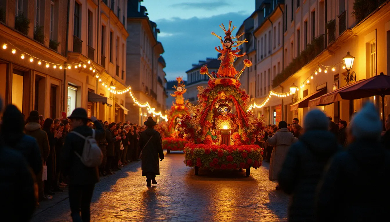 Défilé de carnaval dans les rues pavées de Bourg-en-Bresse au crépuscule, avec chars fleuris et participants masqués sous des guirlandes lumineuses festives