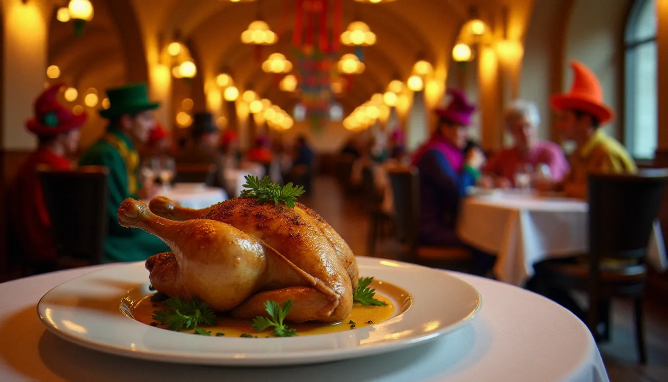 Salle de restaurant décorée pour le carnaval de Bourg-en-Bresse, convives en masques et costumes colorés autour d'une assiette de poulet de Bresse rôti