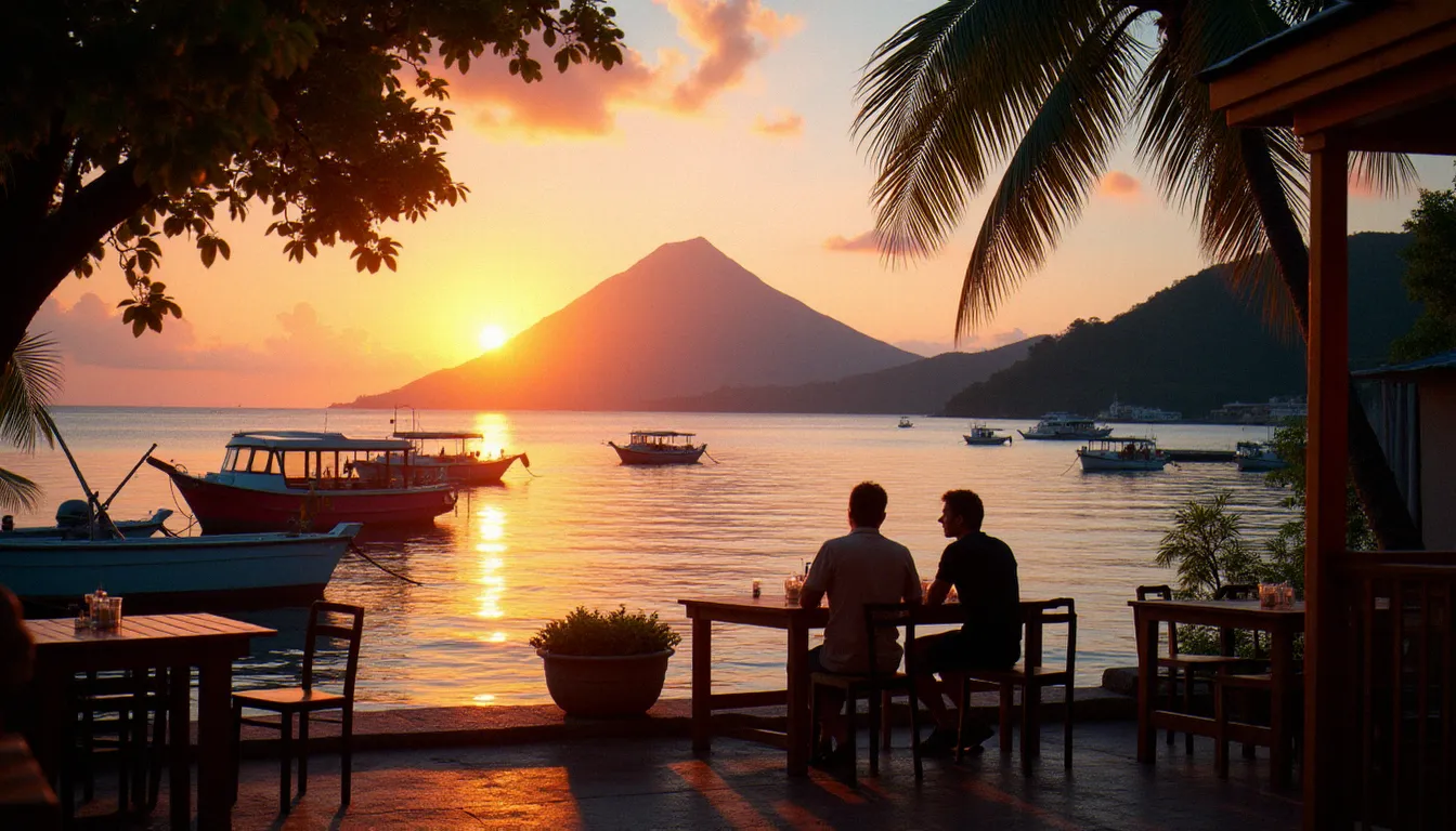 Vue depuis la terrasse d'un restaurant en bord de mer au Carbet, Martinique, avec la Montagne Pelée en arrière-plan au coucher du soleil et les barques de pêcheurs au premier plan