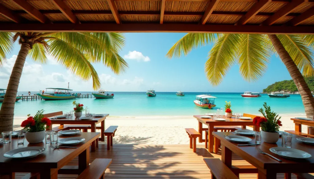 restaurant effet mer carbet martinique featured Terrasse du restaurant Effet Mer au Carbet en Martinique avec vue panoramique sur la mer des Caraïbes et les barques de pêcheurs locaux