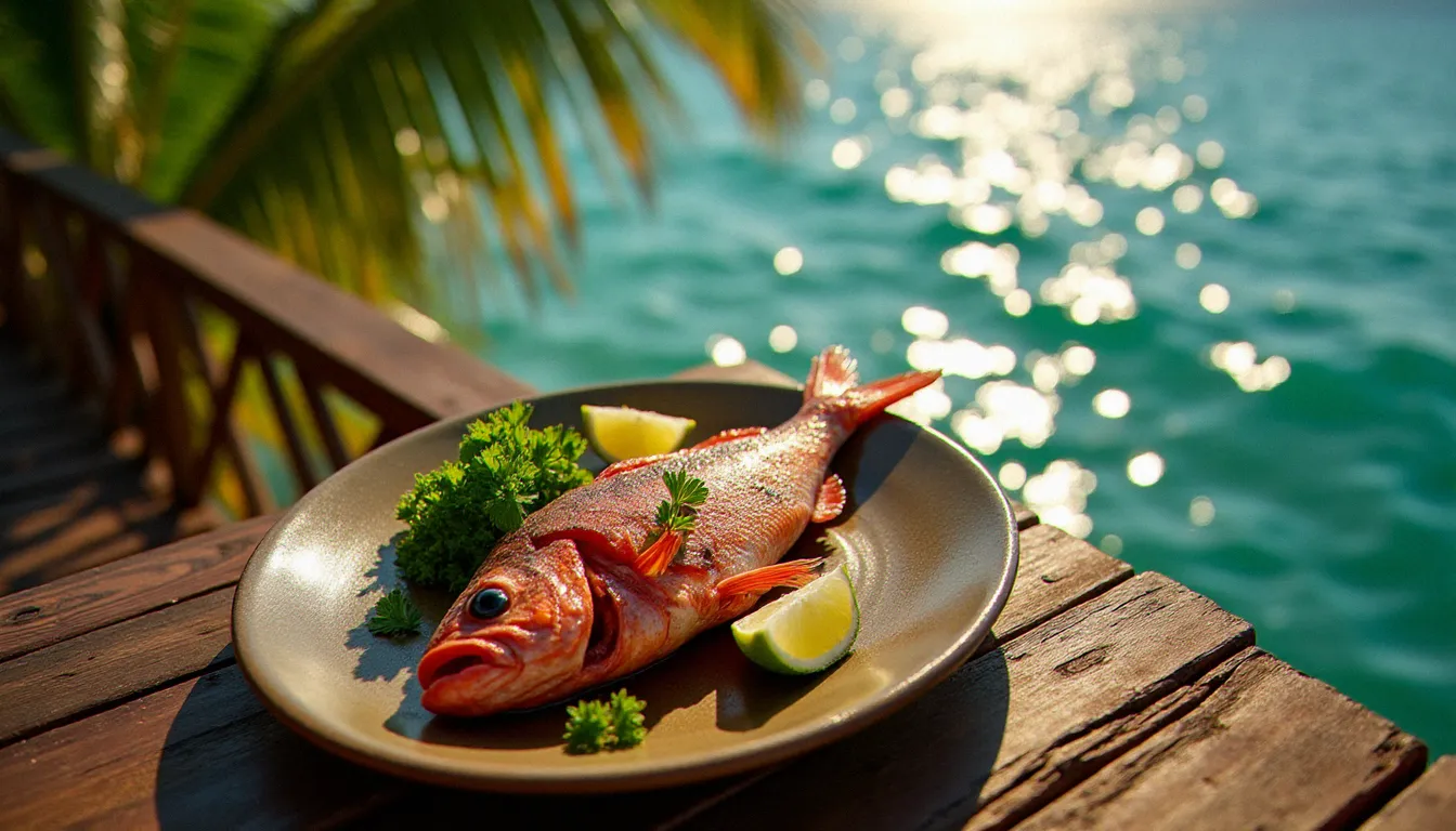 Terrasse du restaurant Effet Mer au Carbet en Martinique, avec vue directe sur la mer des Caraïbes et vivaneau grillé entier servi sur table en bois