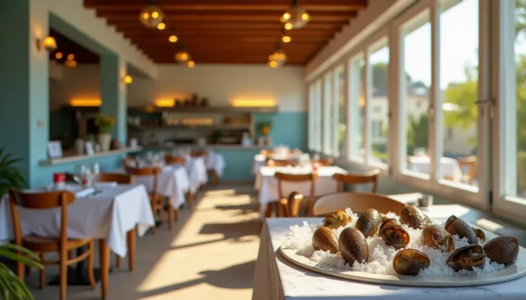 Intérieur d'un restaurant effet mer à Montpellier avec décor maritime naturel, produits frais et lumière chaude de Méditerranée