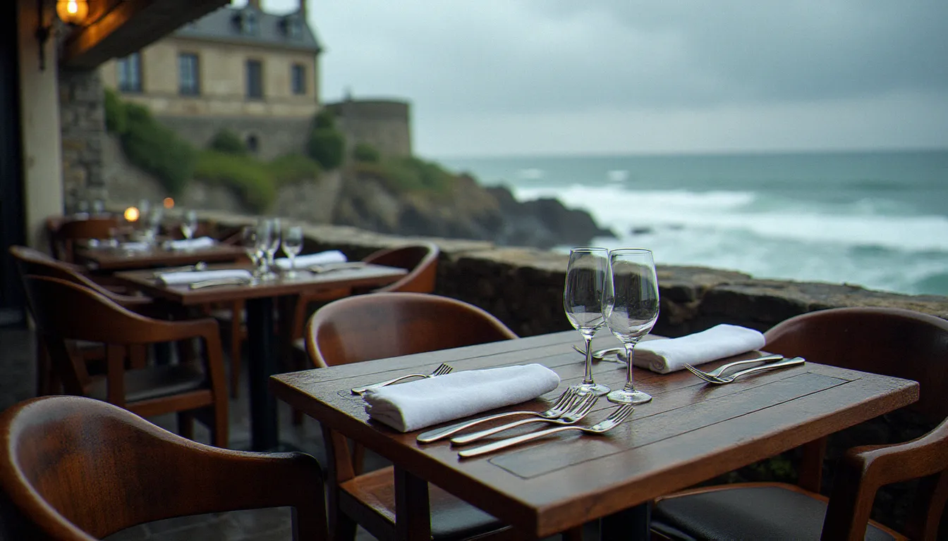 Terrasse d'un restaurant maritime à Saint-Malo avec vue sur les remparts et les vagues de l'Atlantique par temps dramatique, table dressée pour deux personnes