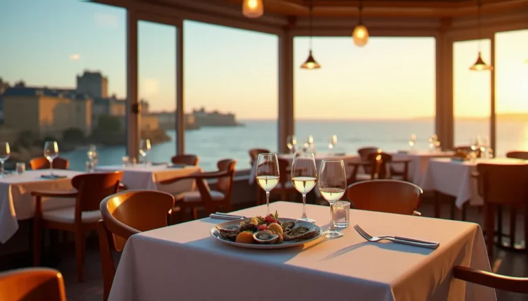Salle de restaurant à effet mer à Saint-Malo avec vue panoramique sur l'Atlantique au coucher du soleil, table dressée avec huîtres et vin blanc
