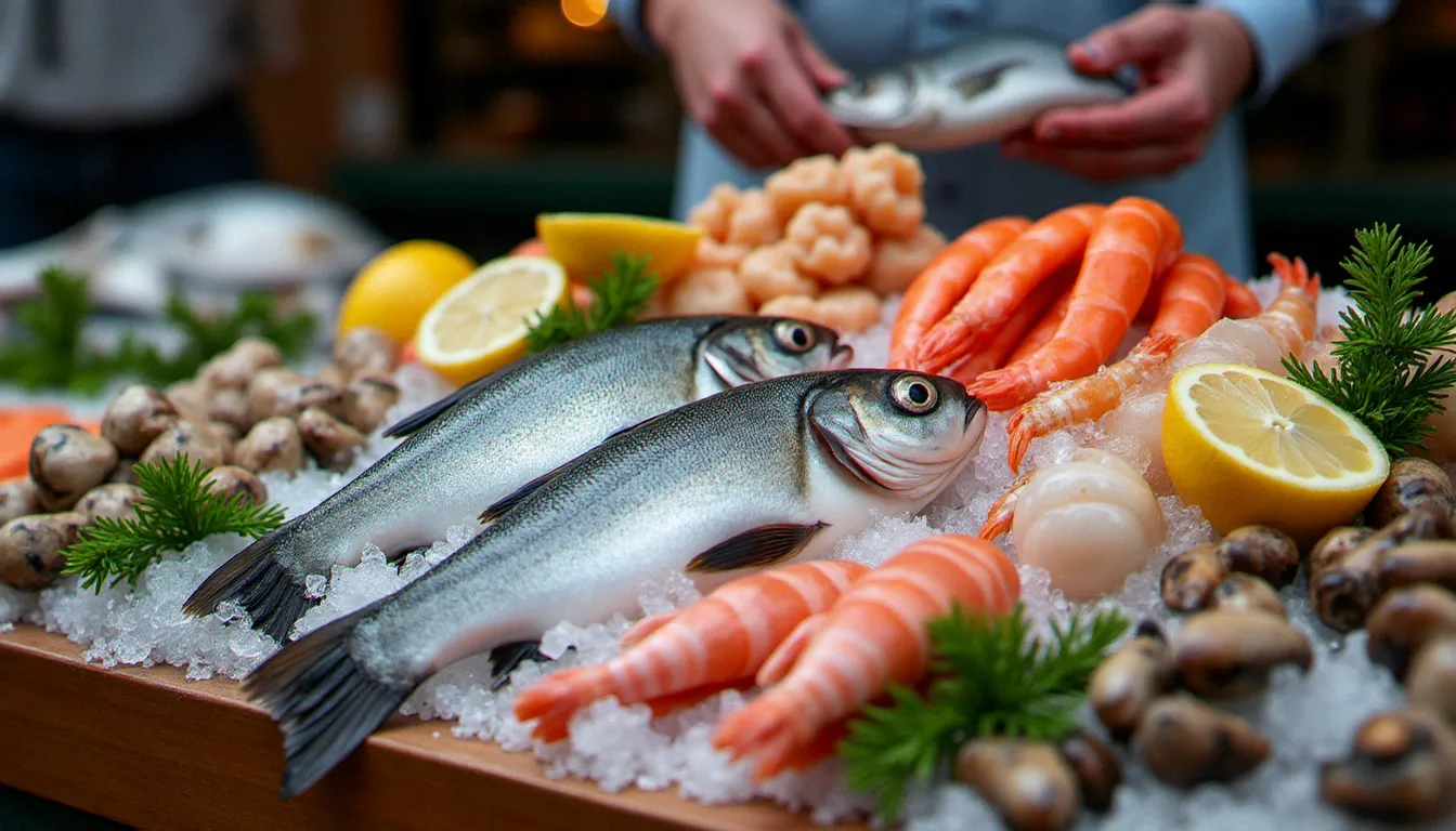 Étal de marché marin avec loup, dorade, coquilles Saint-Jacques et huîtres fraîches — les produits essentiels d'un restaurant effet mer à Voiron