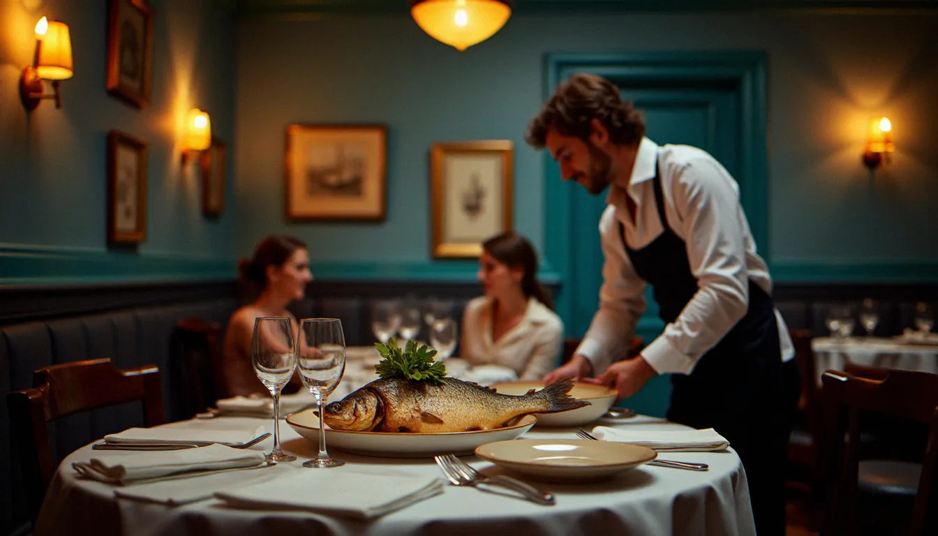 Salle à manger marine et intime d'un restaurant effet mer, service d'un loup entier grillé à table dans une lumière tamisée et chaleureuse