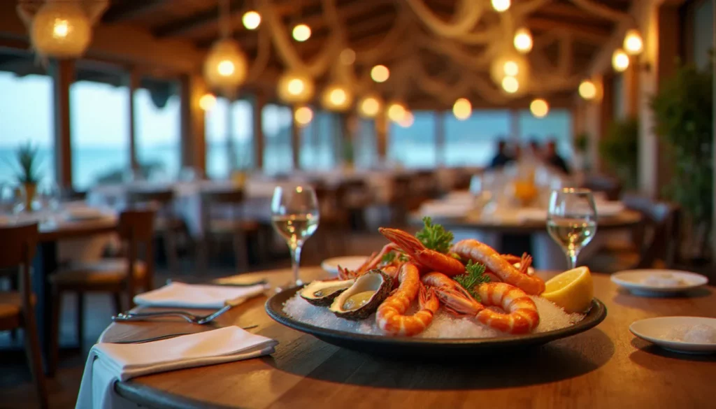 restaurant effet mer voiron featured Intérieur chaleureux d'un restaurant effet mer à Voiron avec décoration maritime en bois flotté et plateau de fruits de mer frais dressé sur table
