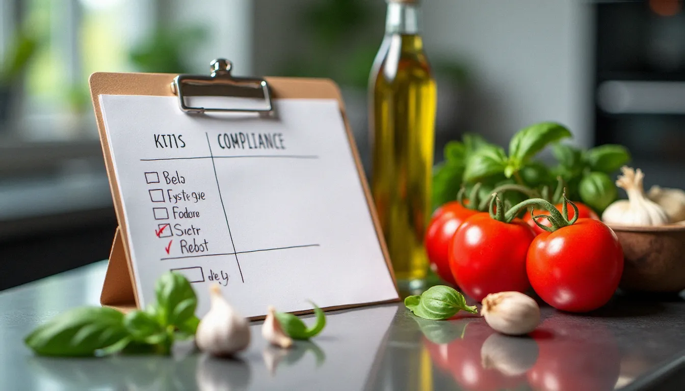 Plan de contrôle HACCP posé sur un plan de travail en inox dans un restaurant établissement, entouré de produits frais méditerranéens — tomates, huile d'olive, basilic