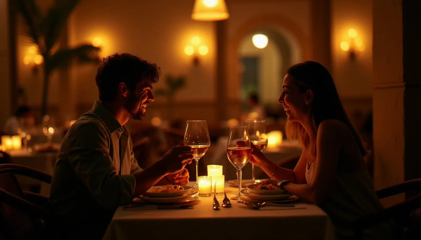 Deux convives partageant un repas et riant à la lueur des bougies dans un restaurant établissement en soirée, ambiance intime et chaleureuse avec un décor méditerranéen
