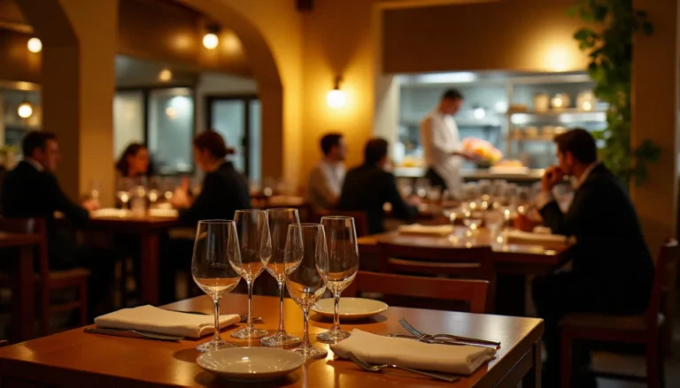 Salle d'un restaurant établissement méditerranéen à Marseille le soir, tables dressées sous une lumière chaude ambrée, cuisine ouverte visible en arrière-plan avec chef à l'œuvre