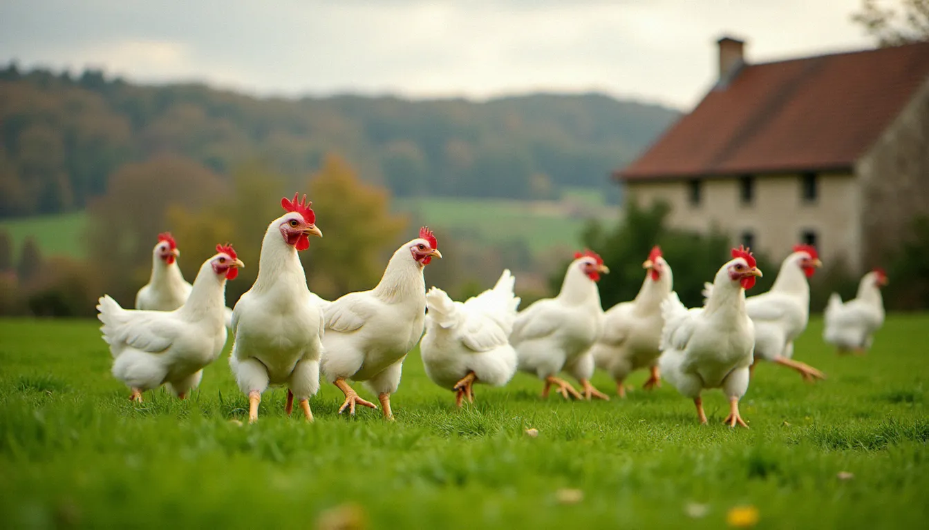 Poulets de Bresse AOC élevés en plein air sur les prairies vertes de l'Ain, avec une ferme traditionnelle bresane en arrière-plan sous un ciel d'automne
