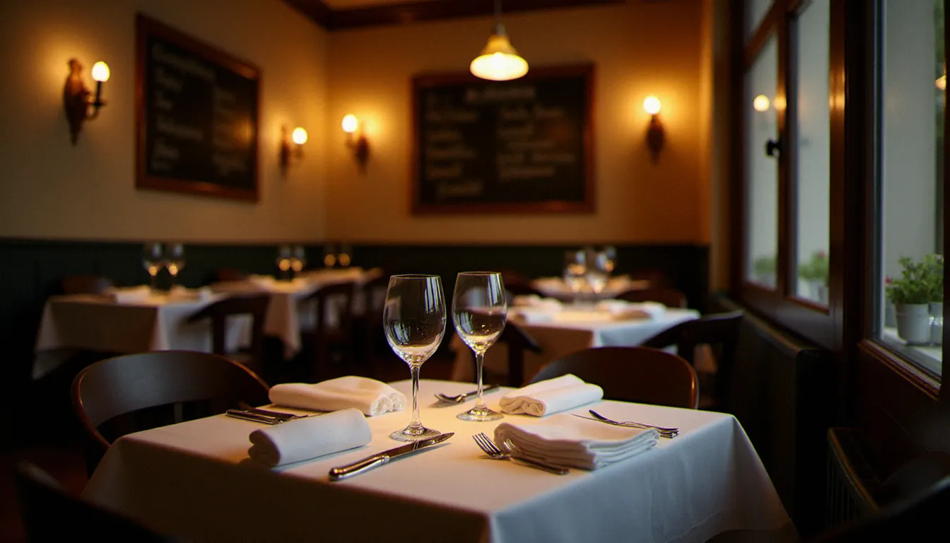 Salle intime d'un bistrot France Bourg-en-Bresse le soir, table dressée avec nappe blanche et ardoise de spécialités bresanes écrite à la craie, lumière dorée des suspensions
