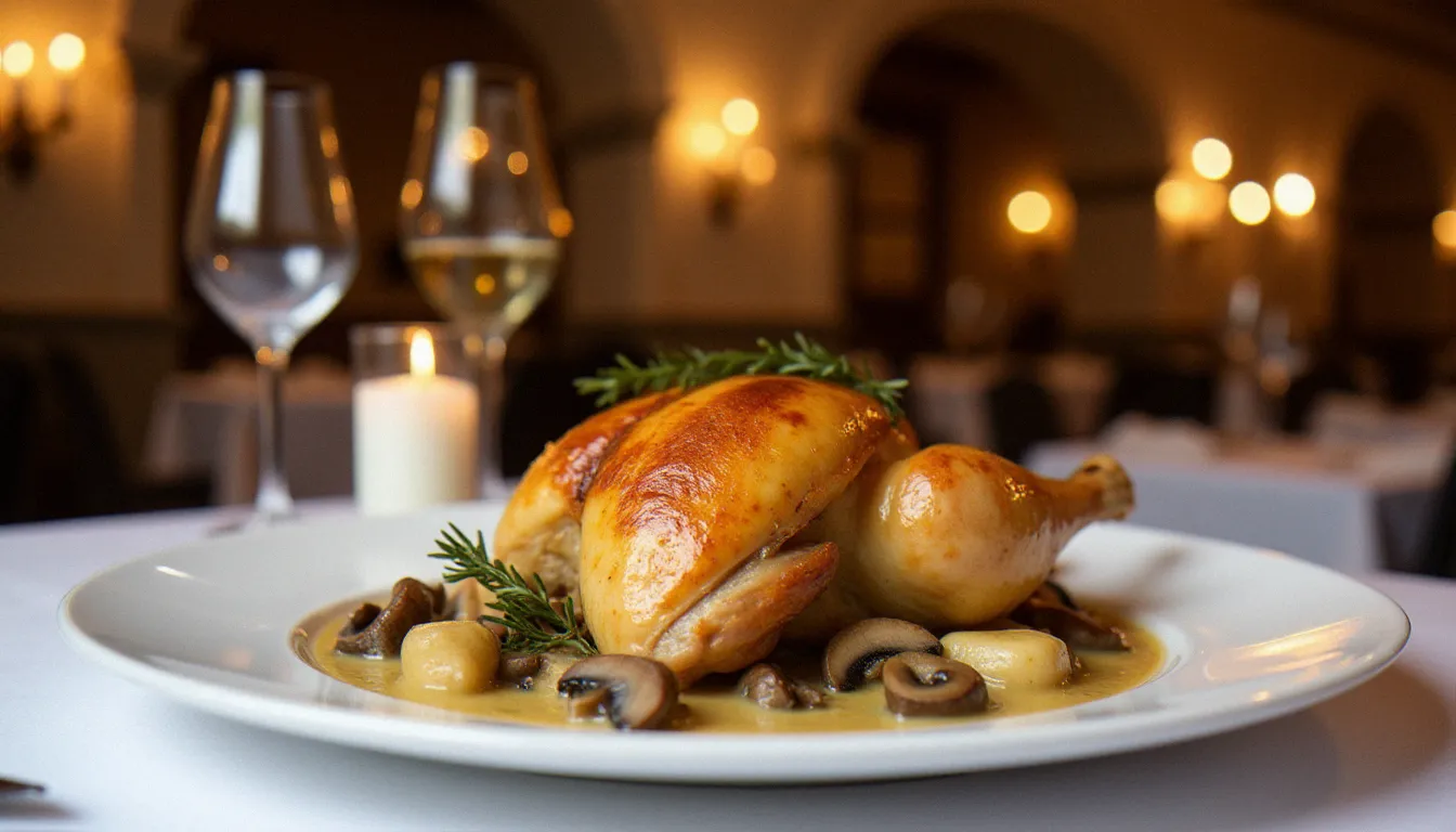 Poulet de Bresse rôti aux morilles en sauce à la crème servi sur nappe blanche dans un restaurant gastronomique France Bourg-en-Bresse, éclairage à la bougie