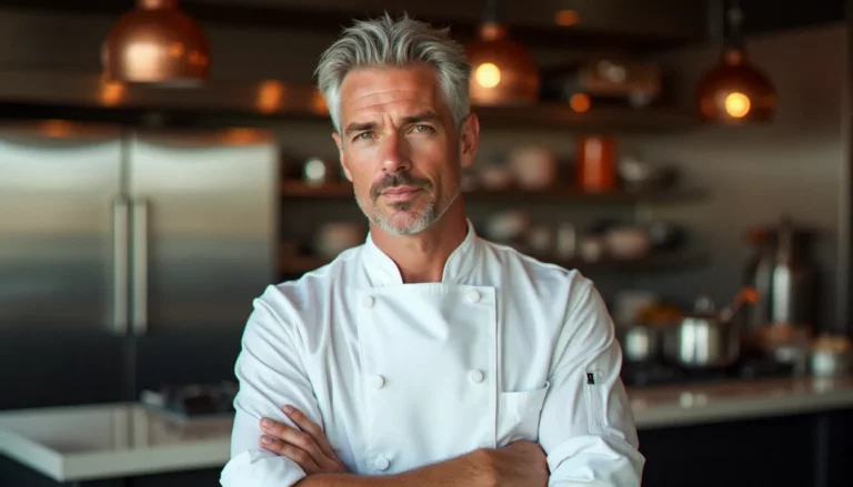 Chef étoilé en veste blanche debout dans une cuisine gastronomique moderne, évoquant l'univers des grands restaurants gastronomiques à la Gordon Ramsay en France