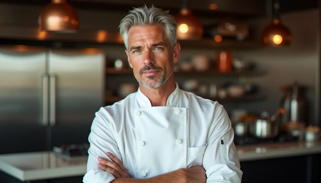 Chef étoilé en veste blanche debout dans une cuisine gastronomique moderne, évoquant l'univers des grands restaurants gastronomiques à la Gordon Ramsay en France