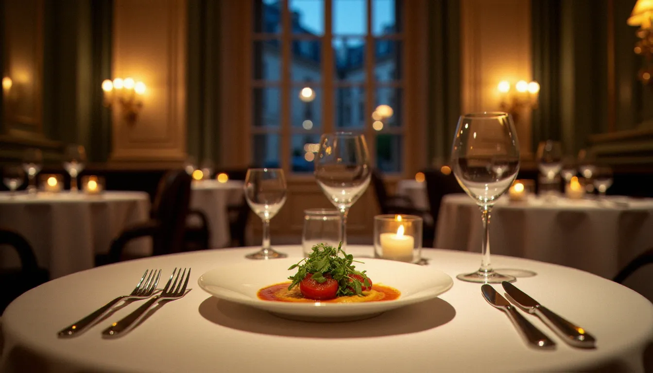 Salle de restaurant gastronomique parisien étoilé au guide Michelin, dressage raffiné sur nappe blanche avec lumière tamisée et fenêtres haussmanniennes en arrière-plan