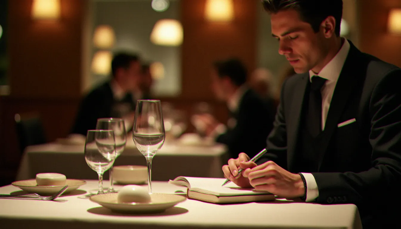 Inspecteur Michelin anonyme prenant discrètement des notes dans un carnet lors d'un repas gastronomique, illustrant le processus de sélection des restaurants guide Michelin à Toulouse