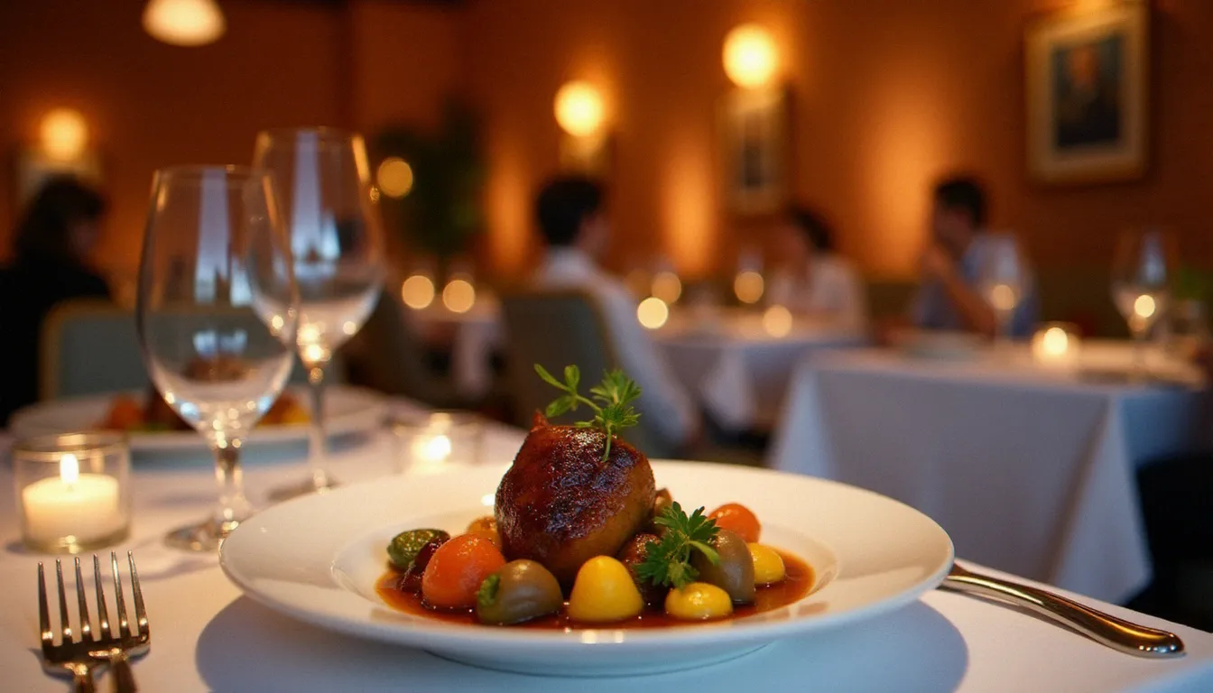 Salle d'un restaurant guide Michelin à Toulouse avec une assiette de canard confit gastronomique sur nappe blanche, bougies et décor en briques roses typiquement toulousain
