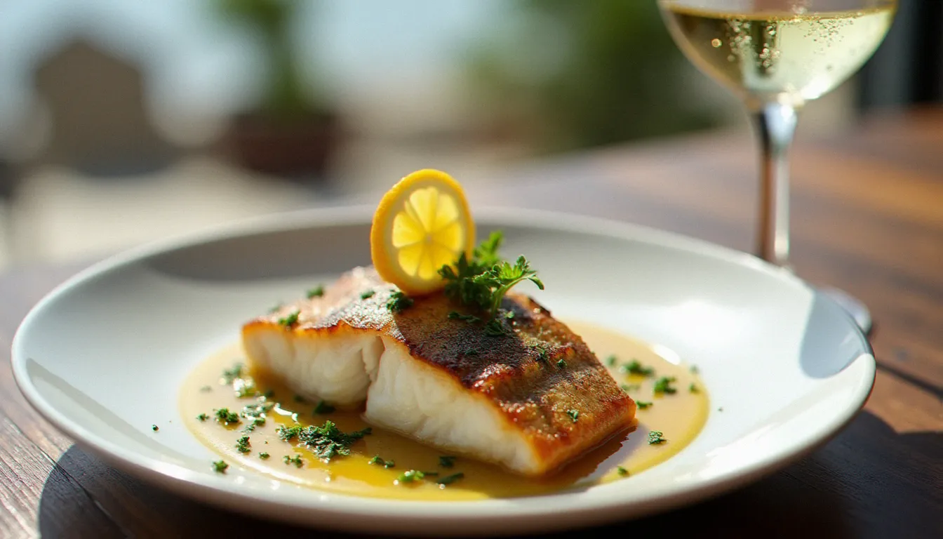 restaurant guidel plage ouvert actuellement body 1 Plat de poisson frais grillé, bar sauvage citron et herbes fraîches sur table en bois
