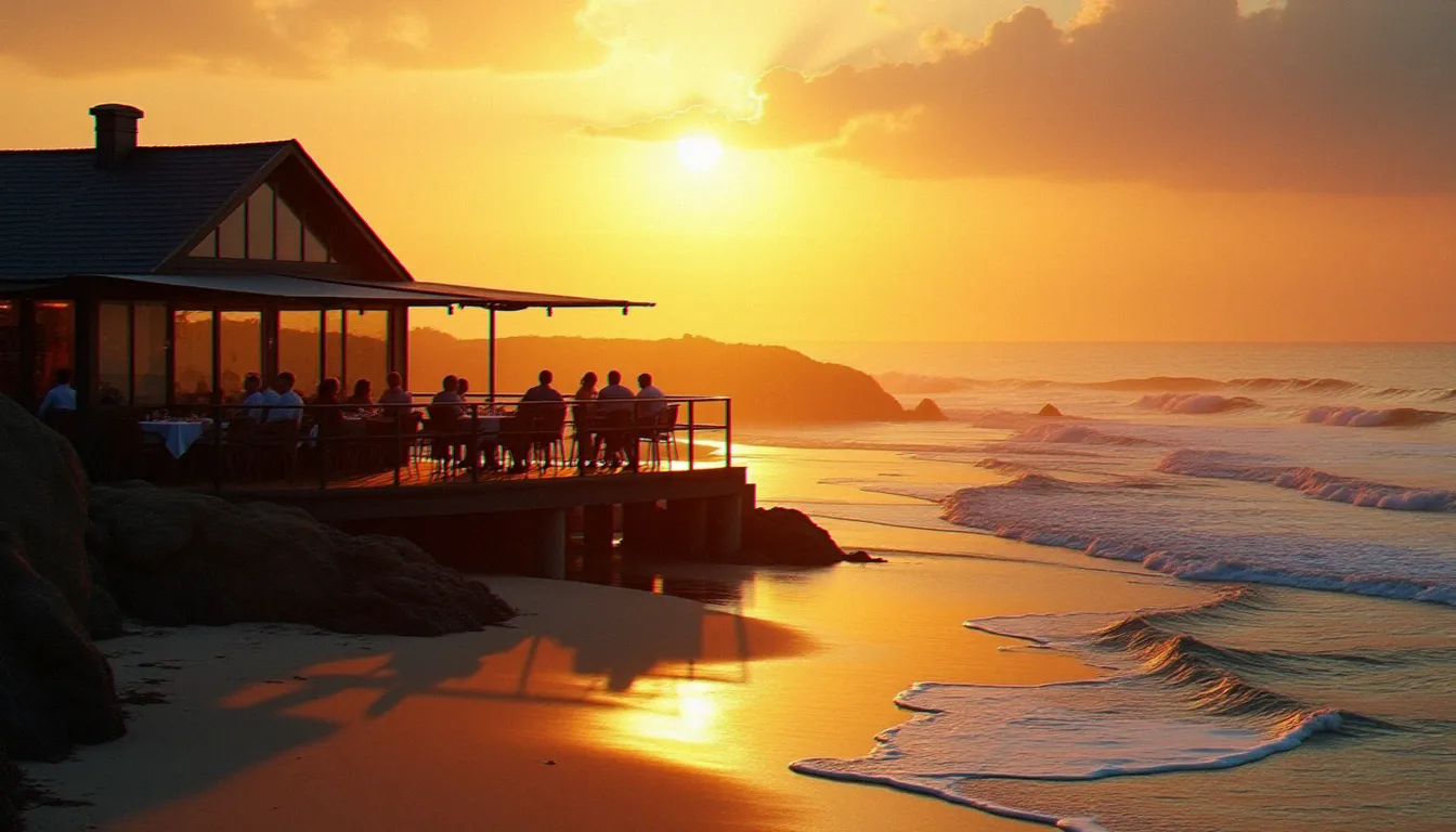 restaurant guidel plage ouvert actuellement body 2 Vue depuis la plage de Guidel sur une terrasse de restaurant ouverte au coucher du soleil, convives attablés face à l'Atlantique en Bretagne Sud