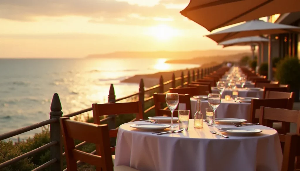 restaurant guidel plage ouvert actuellement featured Terrasse du restaurant Guidel Plage ouvert actuellement avec vue sur l'Atlantique au coucher du soleil, tables dressées face à la mer bretonne