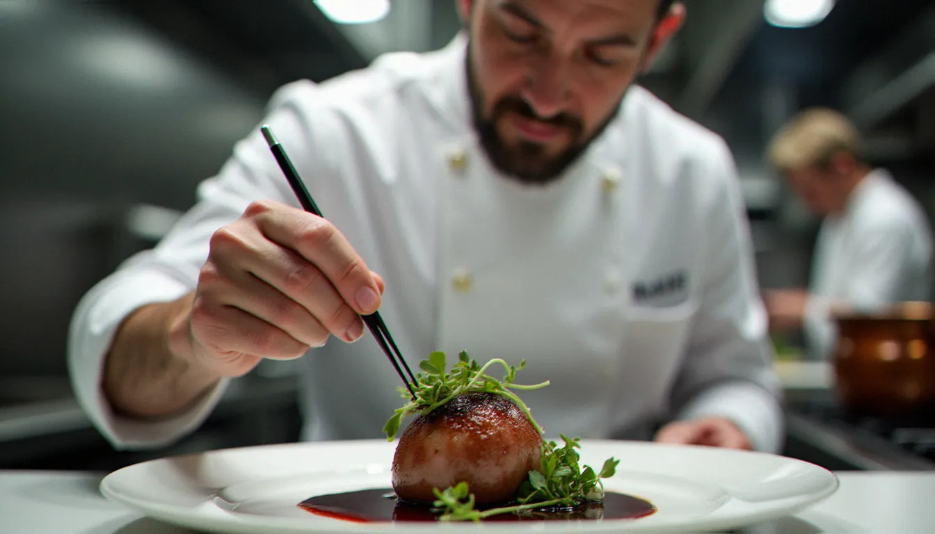Chef étoilé dressant minutieusement un plat de pigeon rôti dans la cuisine en plein service d'un grand restaurant gastronomique français