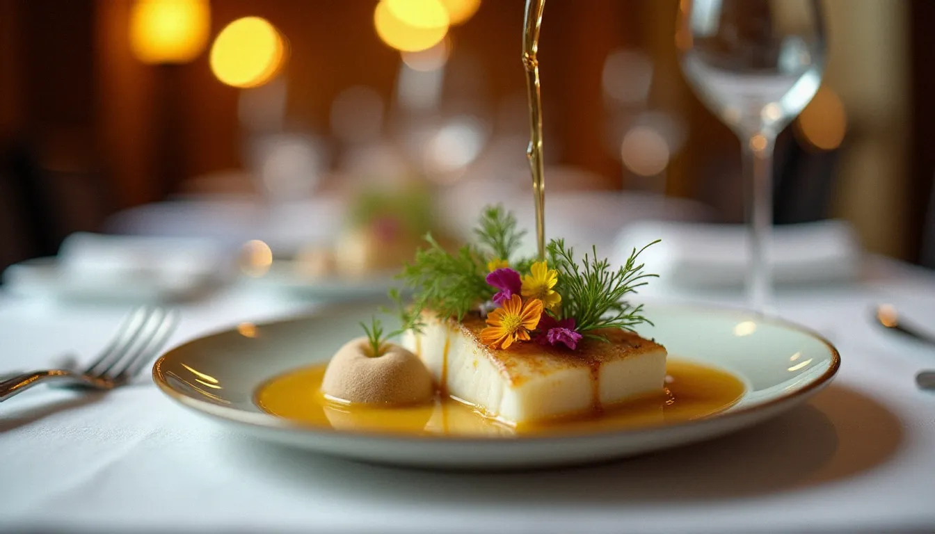 Plat gastronomique de bar méditerranéen dressé avec soin dans un restaurant meilleur 3 étoiles, bouillon versé en salle sur une porcelaine peinte à la main