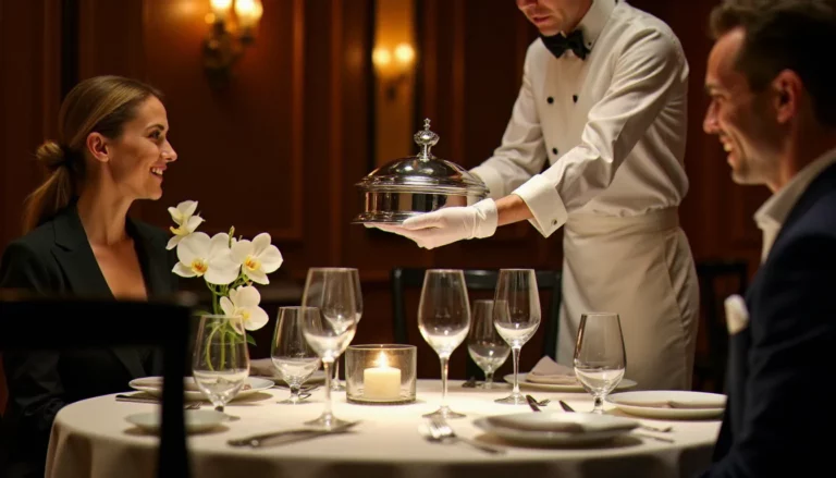 Salle d'un restaurant meilleur 3 étoiles en service du soir, maître d'hôtel présentant une cloche argentée à une table gastronomique élégamment dressée