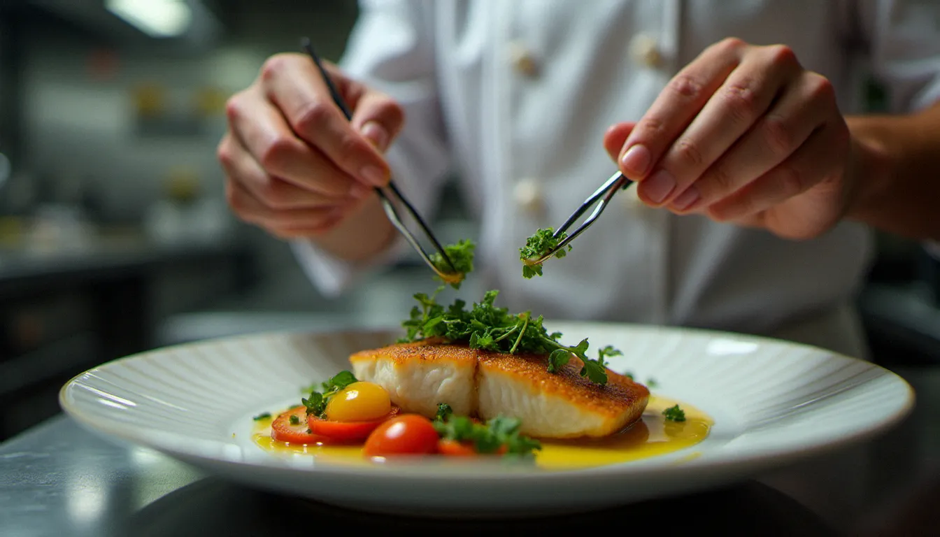 Chef cuisinier dressant avec précision un plat de poisson méditerranéen avec herbes fraîches dans une cuisine professionnelle marseillaise