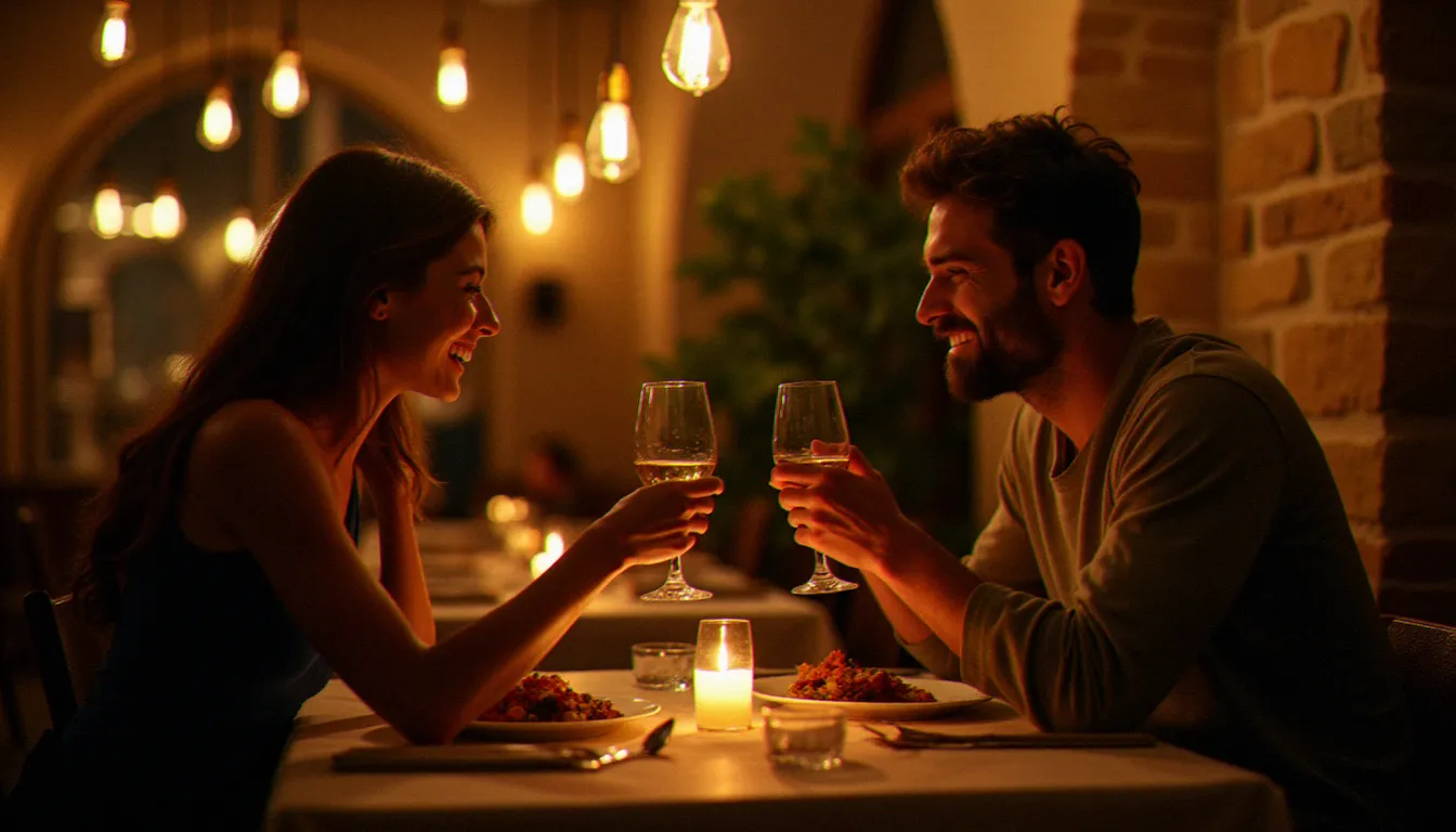 Couple savourant un repas mémorable dans un restaurant marseillais chaleureux à la lumière des bougies, incarnant ce que l'on recherche dans le meilleur restaurant autour de soi