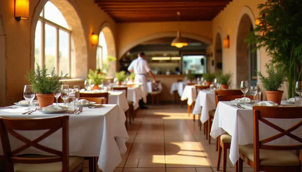 restaurant meilleur autour de moi featured Salle de restaurant méditerranéen à Marseille avec tables dressées, murs en pierre et lumière naturelle chaude, parfait exemple du restaurant meilleur autour de moi
