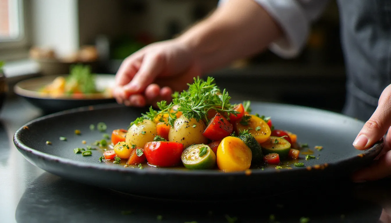 Assiette de légumes méditerranéens de saison sur ardoise, dressage soigné aux herbes fraîches dans la cuisine d'un restaurant de Belleville