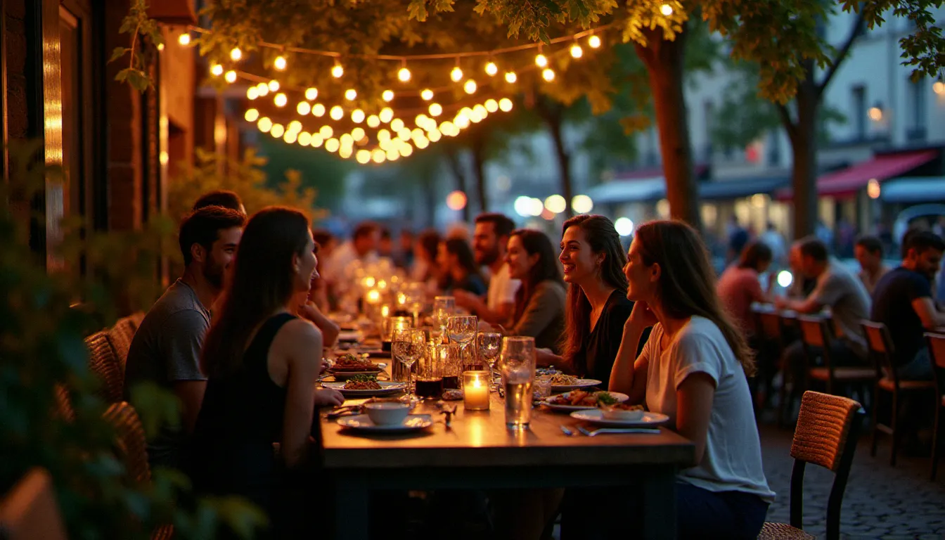 Terrasse animée d'un restaurant à Belleville au crépuscule, groupe d'amis partageant un repas convivial sous des guirlandes lumineuses dans une rue pavée du 20e arrondissement