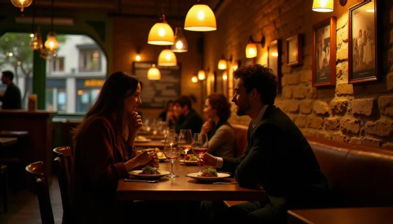 Salle de restaurant chaleureuse dans le quartier Belleville à Paris, tables en bois et ardoise de menu, ambiance bistrot authentique et lumière dorée
