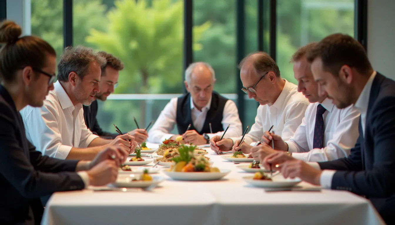 Jury de critiques gastronomiques internationaux en train d'évaluer des plats lors d'un classement de restaurants, ambiance professionnelle et concentrée