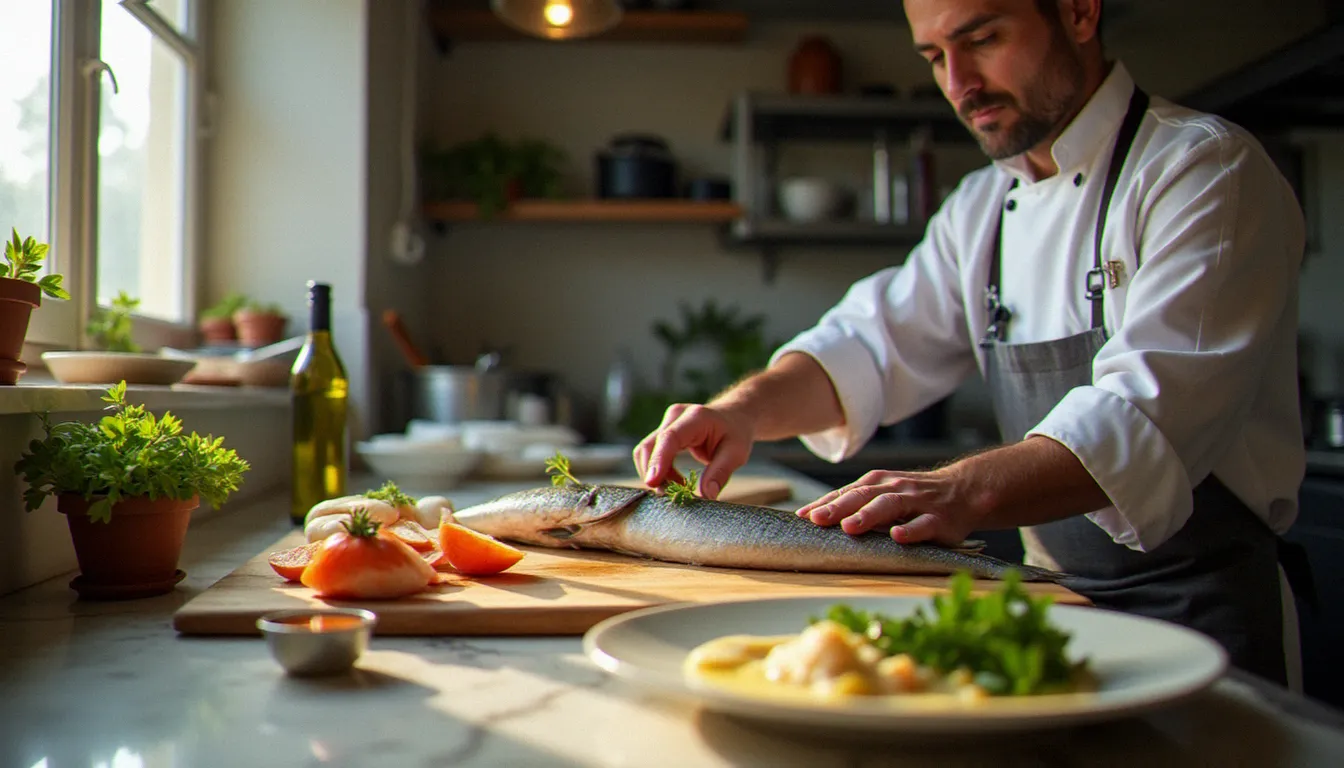Chef marseillais préparant des produits de la mer méditerranéens frais dans une cuisine professionnelle, illustrant l'ancrage local d'une cuisine d'exception