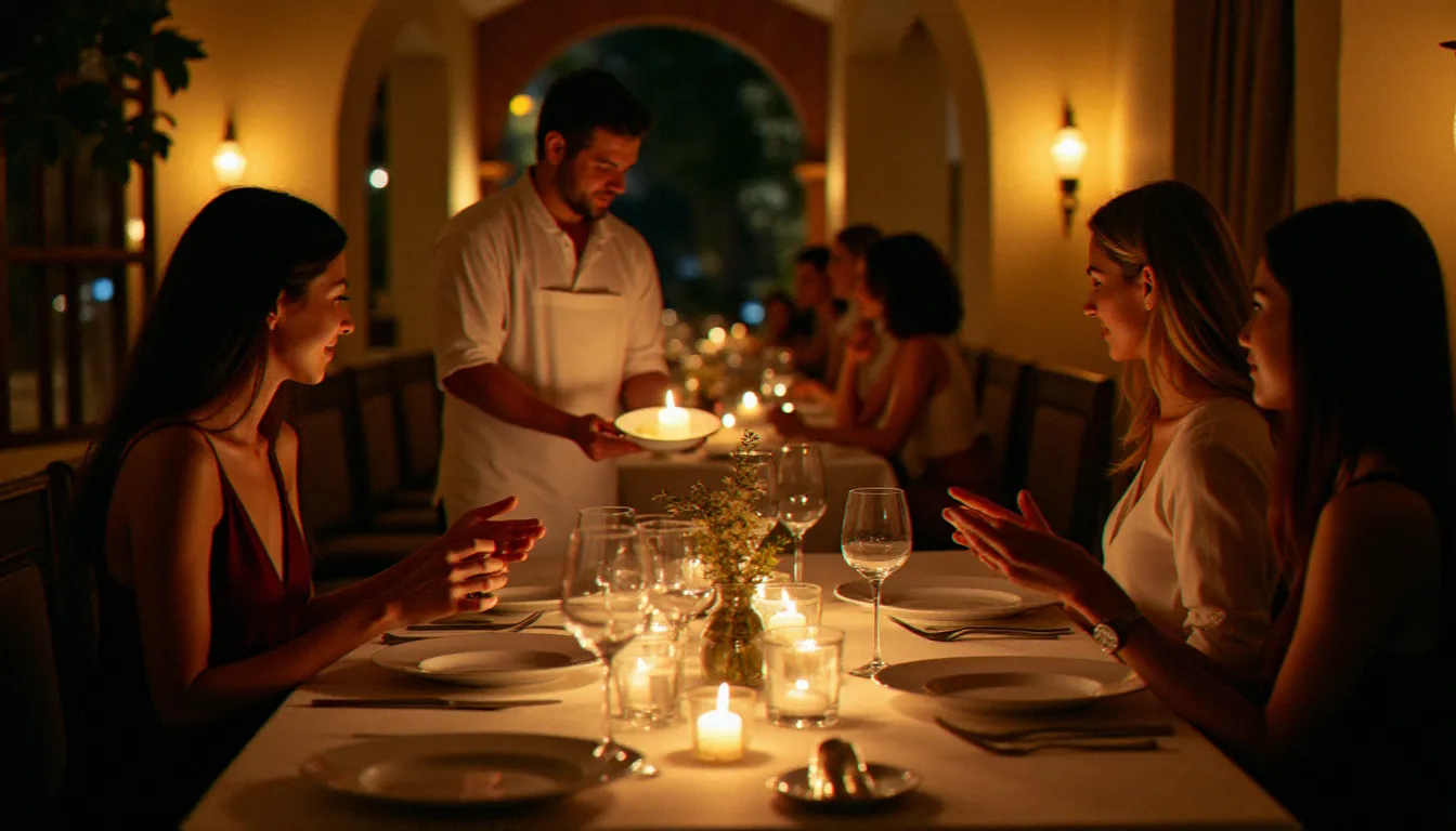 Intérieur d'un restaurant gastronomique haut de gamme avec tables dressées et chef présentant une assiette raffinée, illustrant l'univers du restaurant meilleur du monde