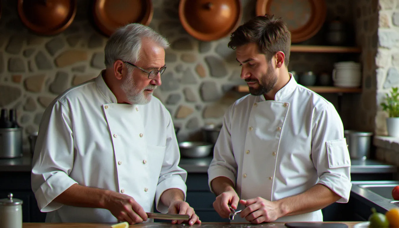 Deux chefs père et fils en tenue blanche collaborant dans une cuisine gastronomique alpine, illustrant la transmission et l'excellence culinaire de La Bouitte
