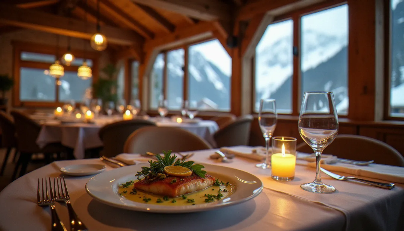 Table gastronomique dressée avec soin dans la salle du restaurant La Bouitte, assiette de féra du lac avec herbes alpines, vue sur les montagnes enneigées en arrière-plan