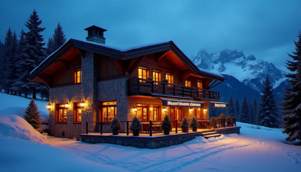 restaurant meilleur la bouitte featured Vue extérieure du restaurant Meilleur La Bouitte en hiver, chalet savoyard illuminé au crépuscule avec la montagne en arrière-plan, incarnant l'excellence du restaurant meilleur la bouitte