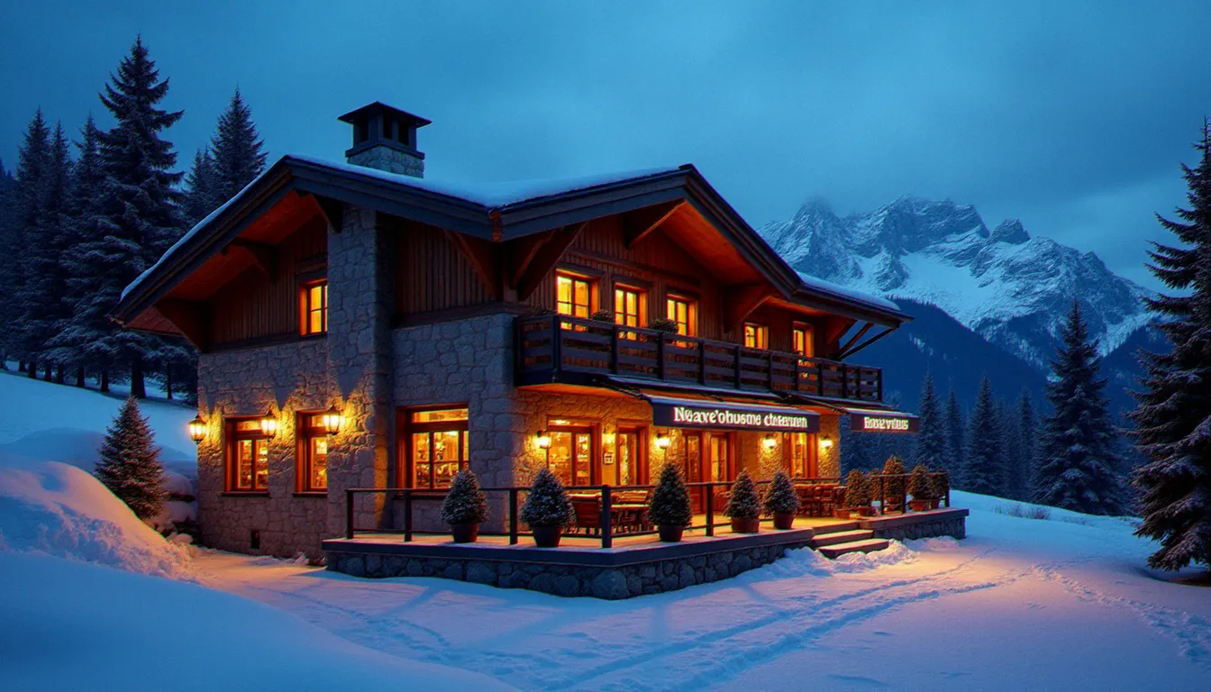 Vue extérieure du restaurant Meilleur La Bouitte en hiver, chalet savoyard illuminé au crépuscule avec la montagne en arrière-plan, incarnant l'excellence du restaurant meilleur la bouitte