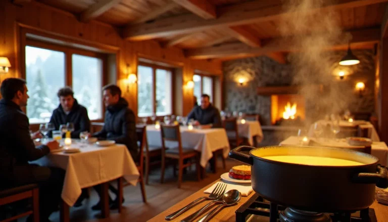 Intérieur chaleureux d'un restaurant de montagne aux Menuires avec fondue savoyarde, poutres en bois et cheminée allumée, ambiance du meilleur restaurant de la station