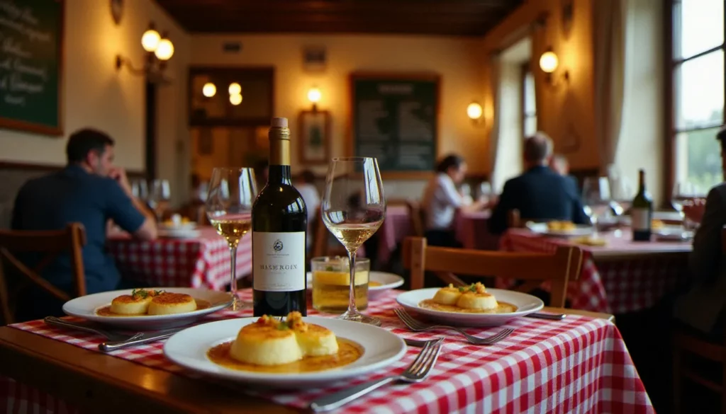 restaurant meilleur lyon featured Intérieur animé d'un restaurant bouchon lyonnais avec tables en bois, nappes vichy rouge et blanc, et assiettes de quenelles — scène typique du meilleur restaurant Lyon