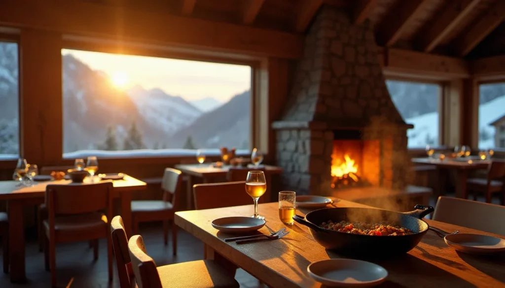 restaurant meilleur montagne featured Salle de restaurant de montagne en bois avec cheminée allumée et vue sur un massif enneigé, table dressée avec vaisselle artisanale illustrant l'ambiance d'un restaurant meilleur montagne