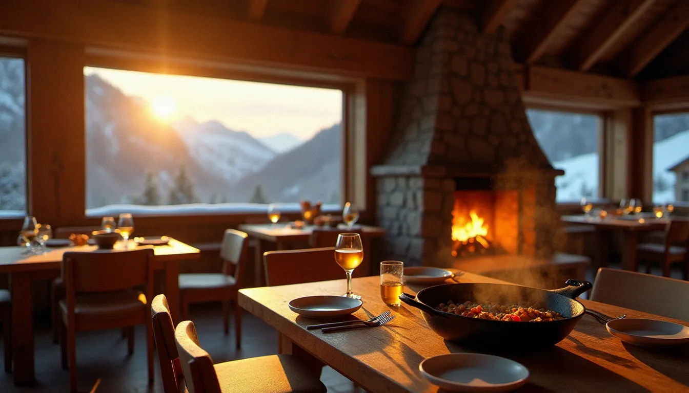 Salle de restaurant de montagne en bois avec cheminée allumée et vue sur un massif enneigé, table dressée avec vaisselle artisanale illustrant l'ambiance d'un restaurant meilleur montagne